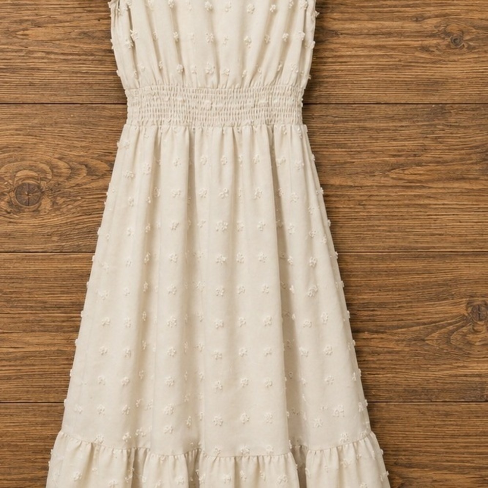 Cream Swiss Dot Maxi Dress Smocked Waist Pearl Button V-Neck Flutter Sleeve - Picture 8 of 8